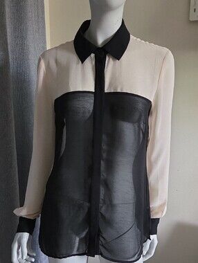 bebe Black & Cream Sheer Colorblock Button-Down Blouse